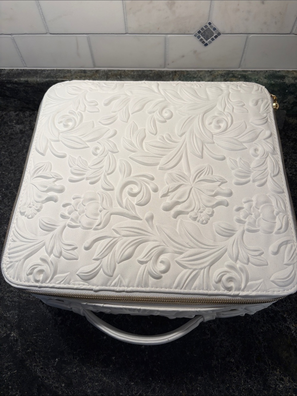 Estee Lauder White Embossed Floral Cosmetic Case